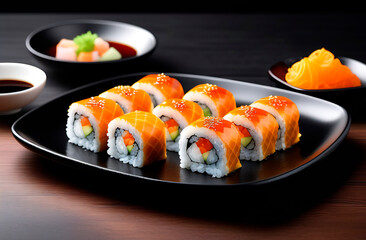 Sushi roll (Philadelphia) with salmon, smoked eel, avocado, cream cheese on a black background. Sushi menu. Japanese cuisine. High quality photos. Made with the help of artificial intelligence.