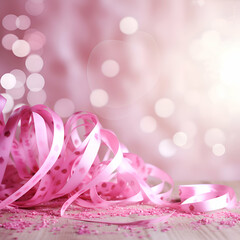 Pink ribbons on bokeh background. Festive decoration.