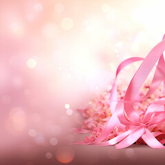 Pink ribbon with bokeh background. Greeting card.