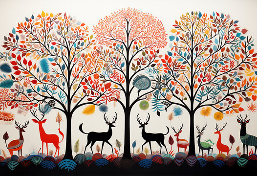 Traditional Gond art from India of deer and trees against a white background.