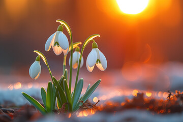 A closeup of the snowdrop flowers receiving the first rays of sun. Background image. Created with Generative AI technology
