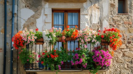 Fototapeta premium Flowers in Flower pot hanging on on traditional Balcony Fence, Spring Beautiful Balcony Flowers on Sunset