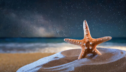 Starfish on the sand against the background of the night starry sky. Summer night romantic scene. copy space for your text and logo.