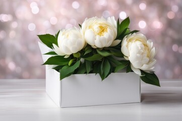 White Peonies and Gift Box with Bokeh