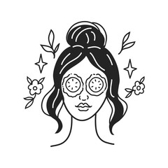 Skin care routine, face mask. Vector illustration. Doodle style girl on white background