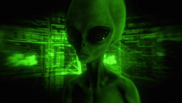 A grey alien character in a darkly lit environment