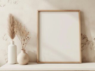 Mockup of a wooden photo frame inside an industrial-themed room with perforated walls, a decorative vase on the side, and sunlight from outside the room. Created with Generative AI.