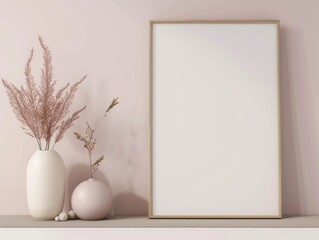 Fototapeta na wymiar Mockup of a wooden picture frame inside a minimalist-themed room with pink-colored walls and an ornamental vase beside it. Blank mockup. Created with Generative AI.