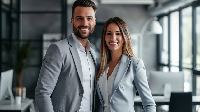 A business couple Posing in office backdrop with space, Generative AI.