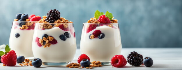 Assorted Berry Yogurt Parfaits on Table