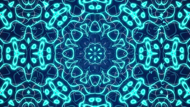 symmetrical neon blue pattern on a dark background, abstract background animation, kaleido, seamless loop, 4k