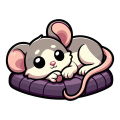 A tired mice laying  on his stomach with his legs stretched 