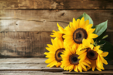 A Bouquet of Sunflowers on a Wooden Table