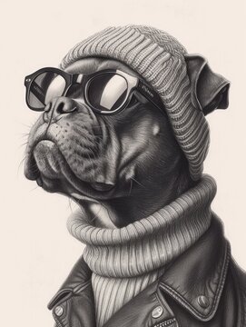 Staffordshire Bull Terrier dog portrait with glasses and high necked sweater