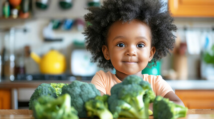 Close up face shot of cute African girl in front of healthy vegetable broccoli. Upset toddler refuses to eat healthy meal because she is a picky eater. Disgusted african girl holding broccoli. - obrazy, fototapety, plakaty