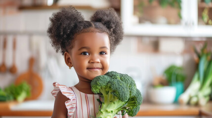 Close up face shot of cute African girl in front of healthy vegetable broccoli. Upset toddler...