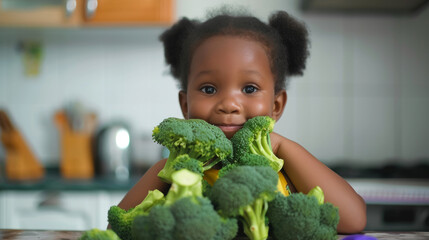 Close up face shot of cute African girl in front of healthy vegetable broccoli. Upset toddler refuses to eat healthy meal because she is a picky eater. Disgusted african girl holding broccoli.