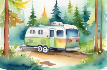 watercolor illustration of home on wheels parked in forest. vacation in wild nature.
