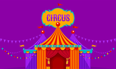 Entrance of circus marquee tents with red curtains, bulbs and flags on purple background. Festival mood. Entertainment art for kids. Simple flat. Vector illustration. © LoopAll