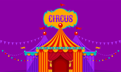 Entrance of circus marquee tents with red curtains, bulbs and flags on purple background. Festival mood. Entertainment art for kids. Simple flat. Vector illustration.