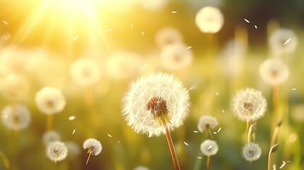 Beautiful fluffy dandelions on meadow at the field in nature spring. White dandelions with soft selective focus and bokeh sun light background