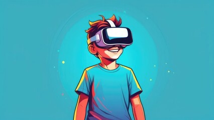 Young boy smiling in virtual reality glasses on blue background. The concept of future is virtual reality. VR glasses on skull. Illustration.