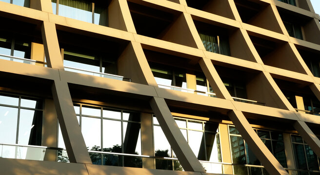Abstract image of looking up at modern glass and concrete building. Architectural exterior detail of office building.