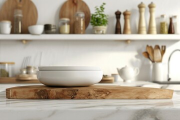 Fototapeta na wymiar Modern 3D Kitchen Tabletop with Copyspace on Wooden Platform. Blurry Utensils and Dishes in Light Background. Interior Design Mockup