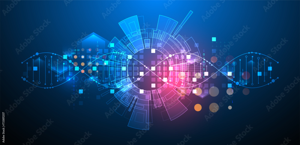 Poster scientific and technological background. abstract image of dna molecule. vector illustration. hand d