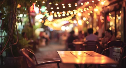 Crédence de cuisine en verre imprimé Magasin de musique Vibrant Nightlife: Outdoor Bar and Restaurant Bokeh Background with Friends Celebrating and Enjoying Music Together
