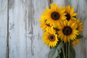 Bouquet of Sunflowers on a White Wooden Background