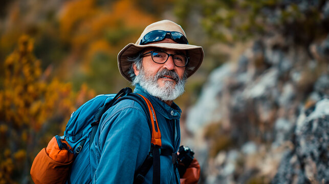 Hombre de  50 años andando por la montaña con ropa de montañero, mochila y gorro