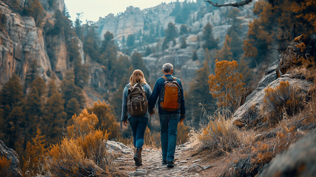 Pareja de  50 a&ntilde;os andando por la monta&ntilde;a con ropa de monta&ntilde;ero, mochila y gorro