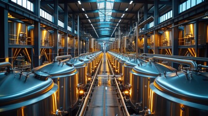 Modern Brewery Production Facility With Shiny Kettles