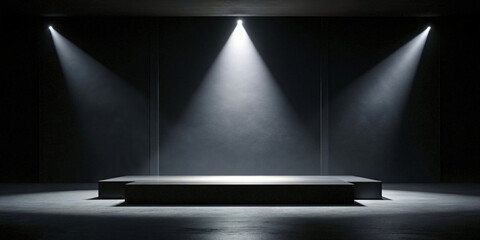 Spotlight illuminating a stage in a dark room with metal accents and empty shelves - obrazy, fototapety, plakaty