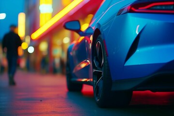 Blue sports car racing down a city street at night, AI-generated. - obrazy, fototapety, plakaty