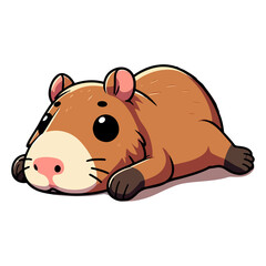 Naklejka premium A tired Capybara laying on his stomach with his legs stretched 