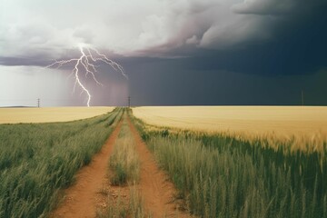 Lightning strike in the distance above a cornfield with a winding dirt road, AI-generated.