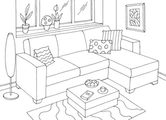 Living room graphic black white home interior sketch illustration vector 