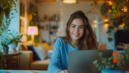 A cheerful young woman with a welcoming smile working on her laptop in a warmly lit, plant-filled cozy home office setting - obrazy, fototapety, plakaty