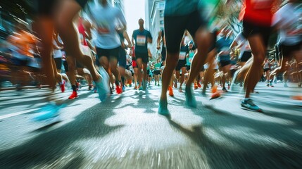 Runners in a marathon in motion, capturing the energy and competition of the race, symbolizing endurance, community, and the pursuit of fitness