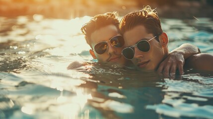 Gay couple wearing sunglasses relaxing in swimming pool or in a sea. LGBT. Two young men enjoying nature outdoors and hugging. Young men romantic family in love. Happiness concept. - obrazy, fototapety, plakaty