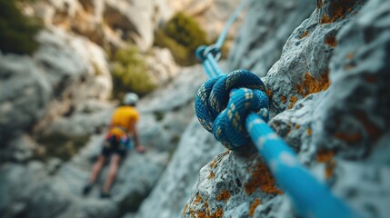 A close-up of a secure knot on a climbing rope with a climber ascending in the background, highlighting the themes of adventure, safety, and the spirit of mountaineering - obrazy, fototapety, plakaty