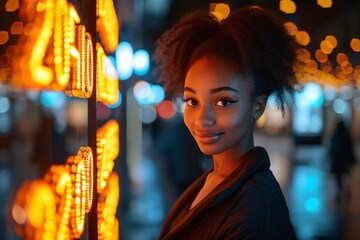Illuminated Night Cityscape with woman Gazing at Bright Neon Signs - Urban Nightlife and Street Photography
