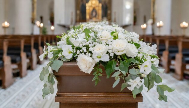 Funeral ceremony, Coffin in the church with white flowers
