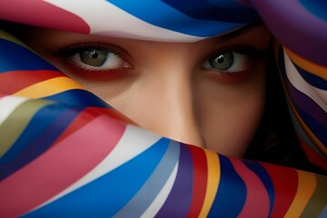 Fototapeta premium a woman with the colors of a rainbow painted dress over her face