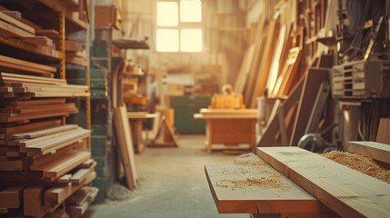A woodworking workshop filled with timber and tools, highlighting the art of carpentry and skilled craftsmanship, suitable for trade and vocational training content.