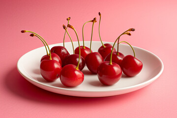 Fresh Cherries on a White Plate Against a Pink Background