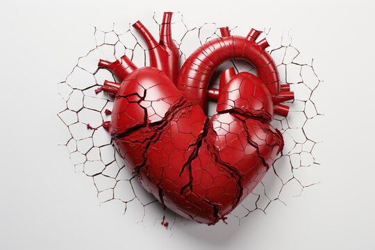 human heart appears broken into pieces, symbolizing fragility or heartbreak, set against a stark white backdrop.