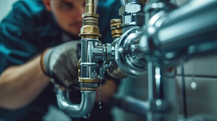 A plumber meticulously works on pipes, illustrating skill and precision in trade services, perfect for vocational training and service industry advertisements.